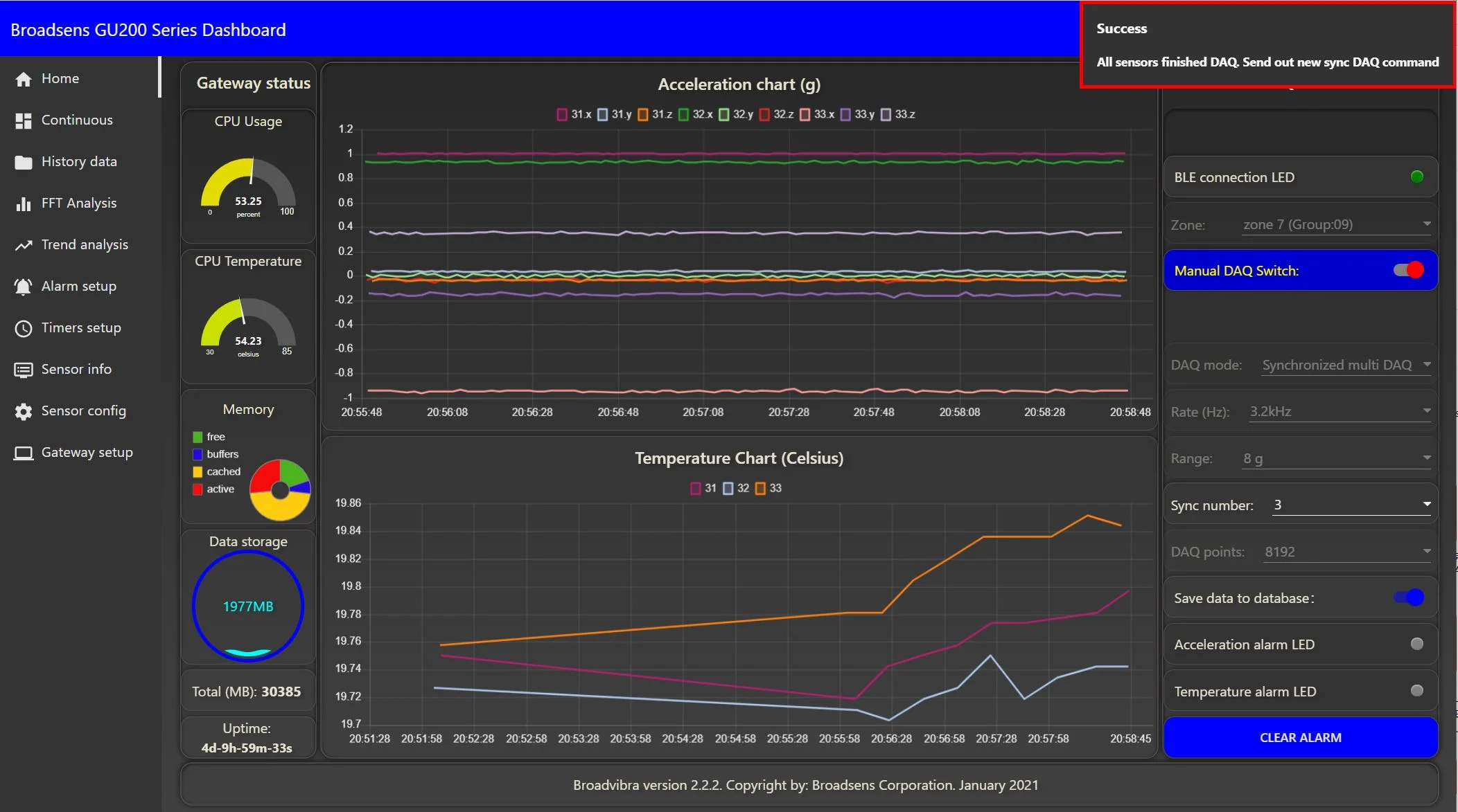 Multi wireless vibration sensor continuous data acquisition